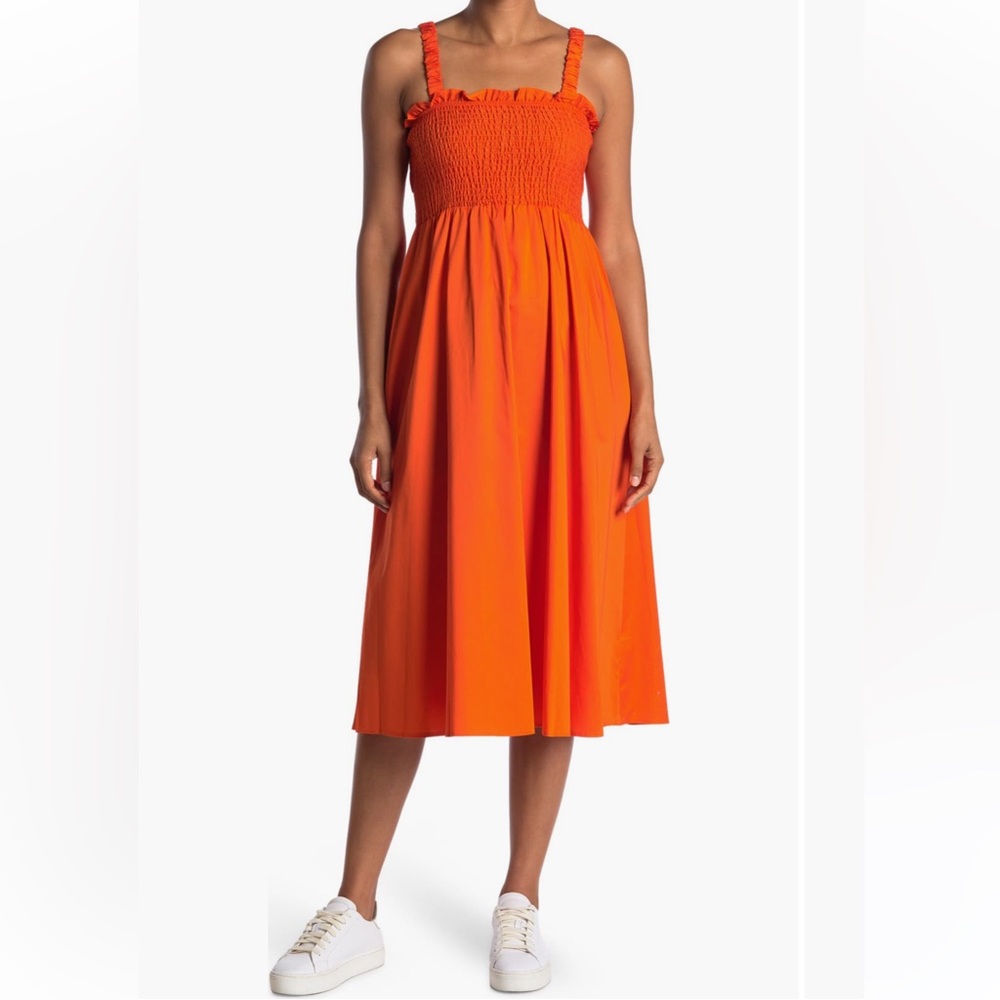 Topshop Shirred Poplin Pinny Dress- Vibrant Orange -Smocked Midi Dress